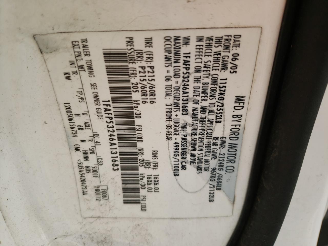 Photo 10 from auction – 2006 FORD TAURUS SE with VIN 1FAFP53246A131683