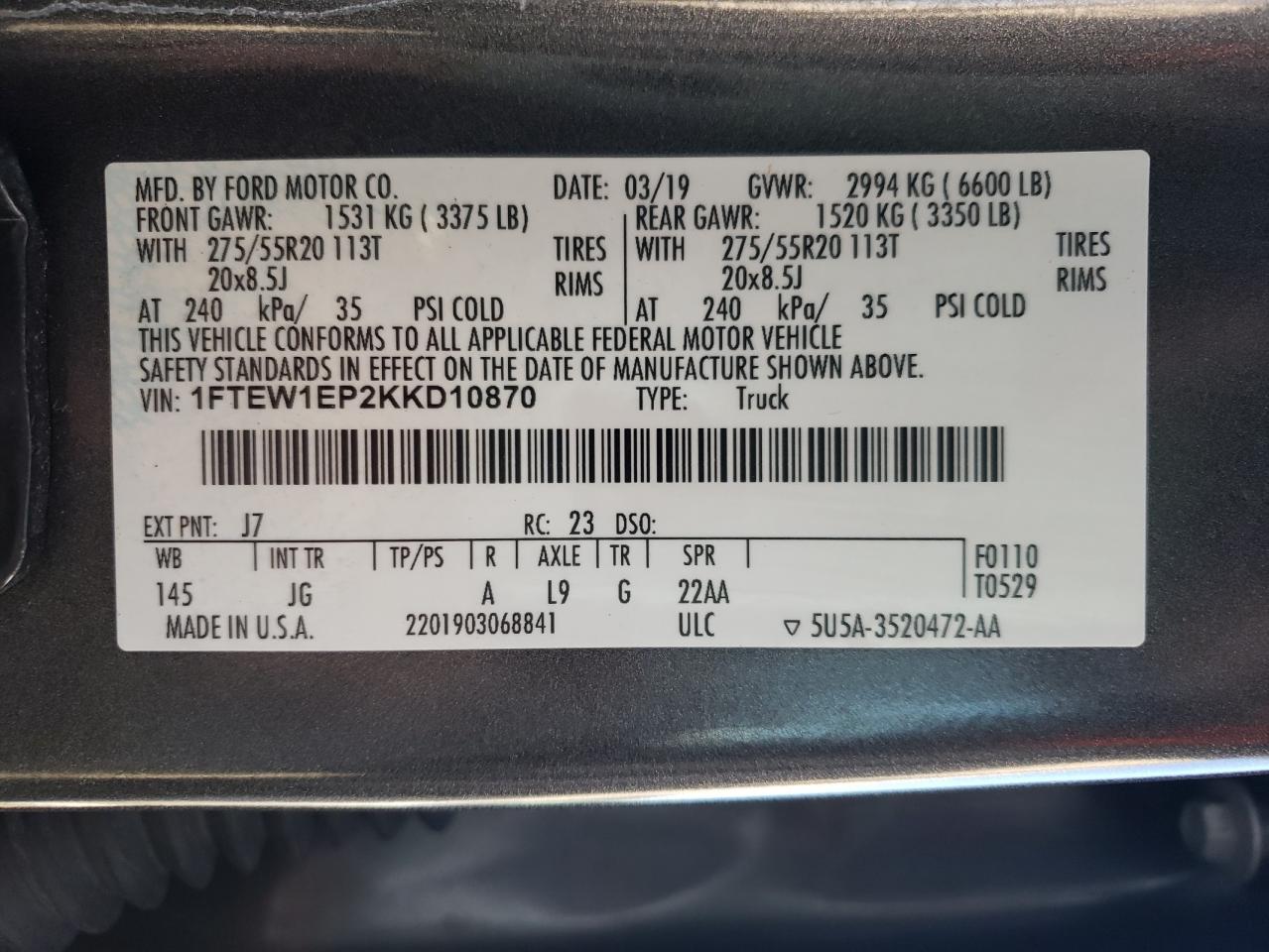 Photo 10 from auction – 2019 FORD F150 SUPER with VIN 1FTEW1EP2KKD10870