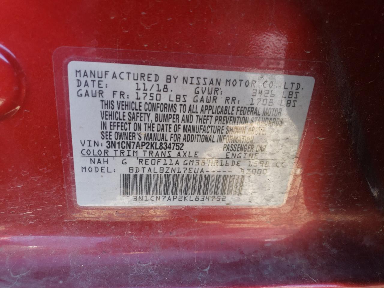 Photo 10 from auction – 2019 NISSAN VERSA S with VIN 3N1CN7AP2KL834752