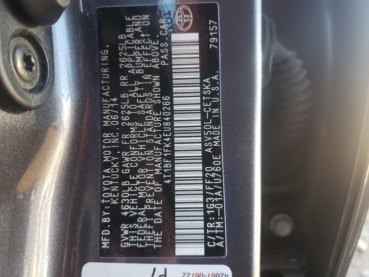 Photo 10 from auction – 2014 TOYOTA CAMRY L with VIN 4T1BF1FK4EU840266