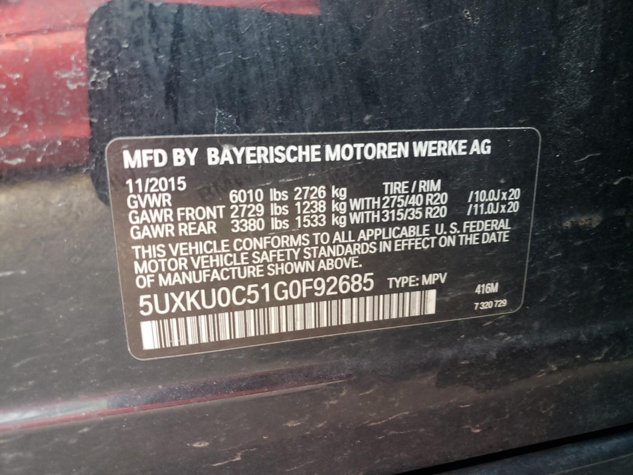 Photo 10 from auction – 2016 BMW X6 SDRIVE3 with VIN 5UXKU0C51G0F92685