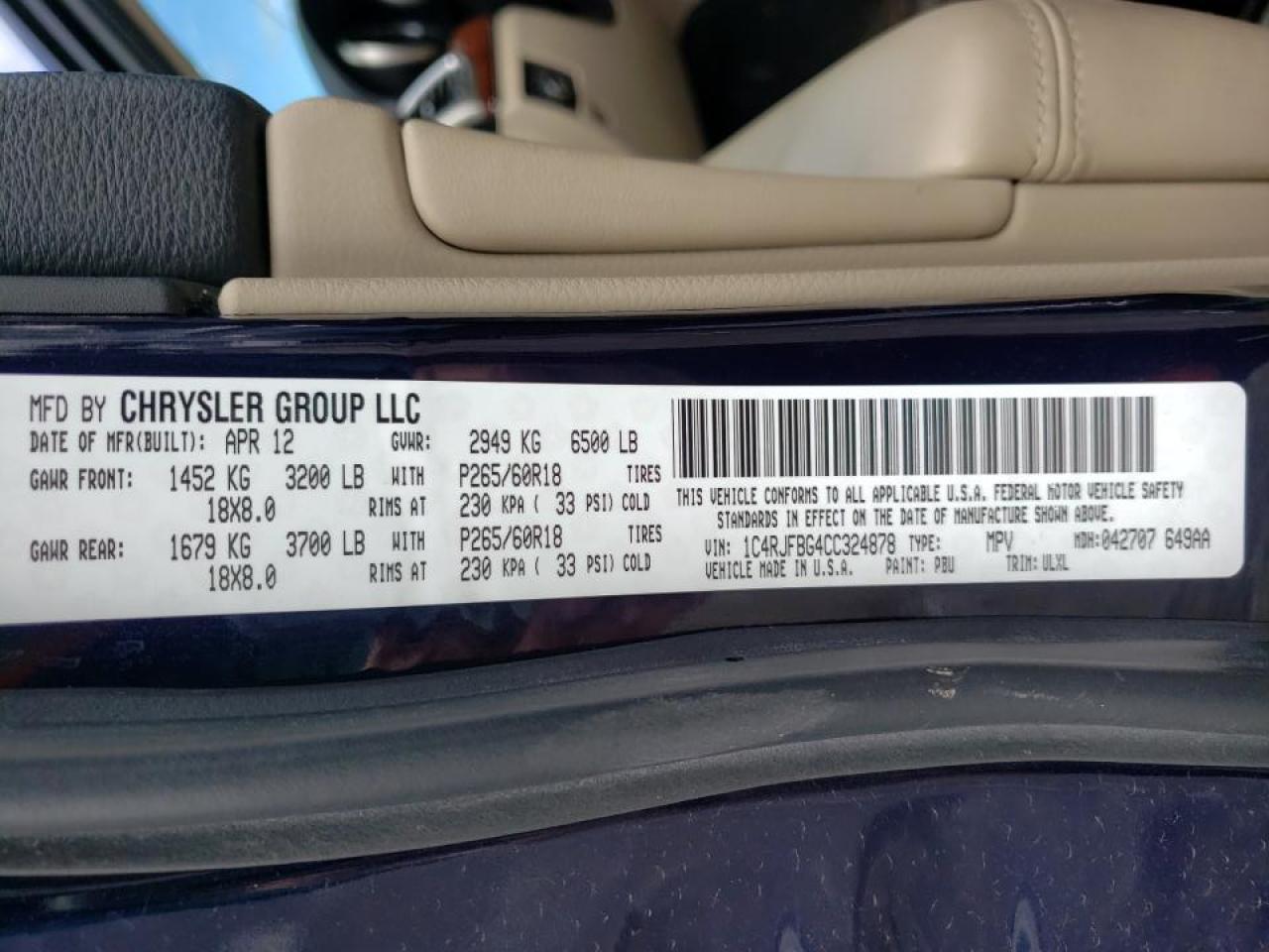 Photo 10 from auction – 2012 JEEP GRAND CHER with VIN 1C4RJFBG4CC324878