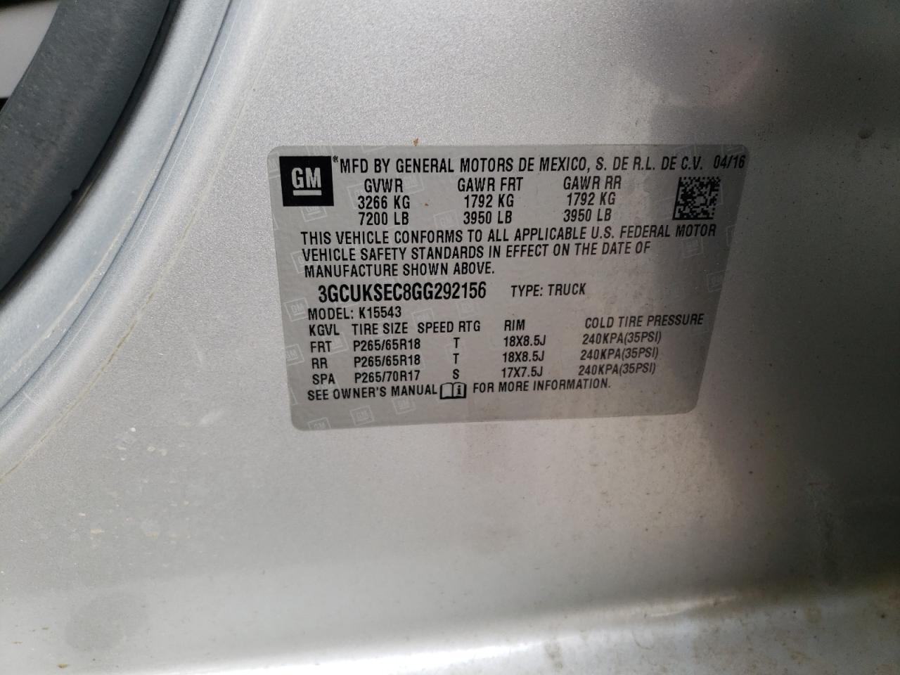Photo 10 from auction – 2016 CHEVROLET 1500 with VIN 3GCUKSEC8GG292156