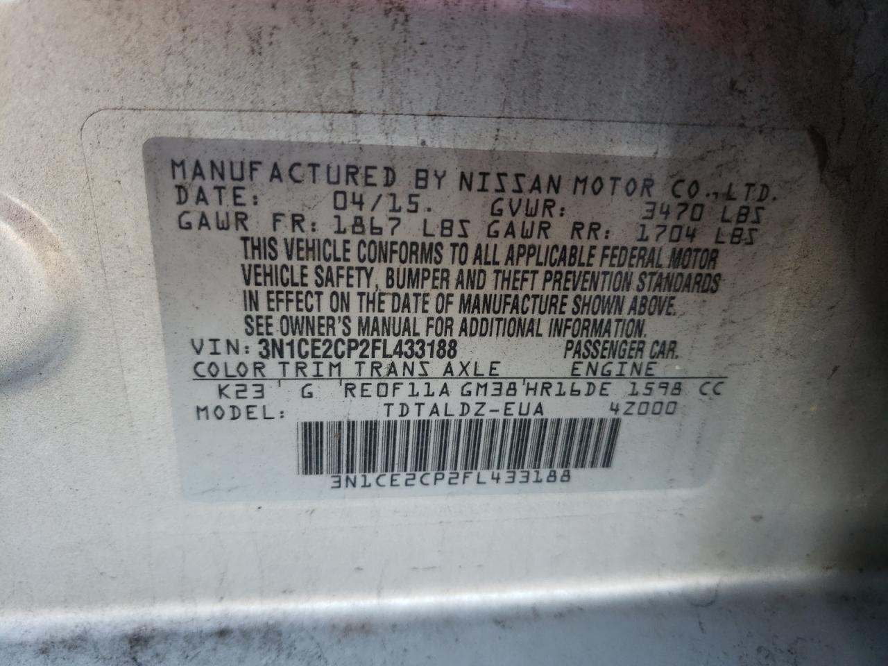 Photo 10 from auction – 2015 NISSAN VERSA NOTE with VIN 3N1CE2CP2FL433188