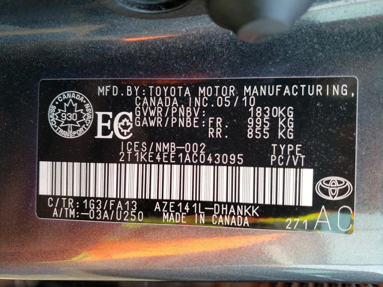 Photo 10 from auction – 2010 TOYOTA COROLLA MA with VIN 2T1KE4EE1AC043095