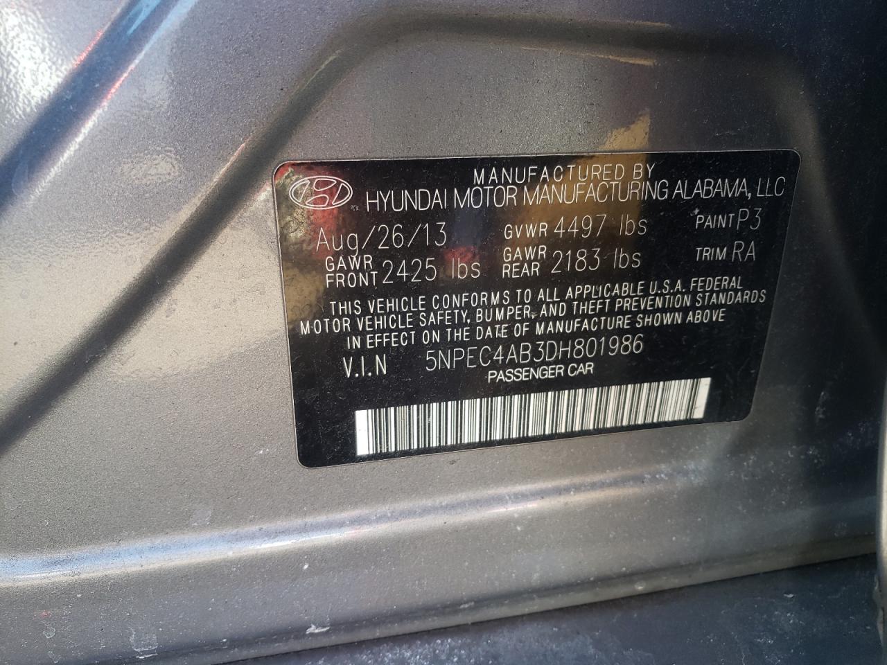 Photo 10 from auction – 2013 HYUNDAI SONATA SE with VIN 5NPEC4AB3DH801986