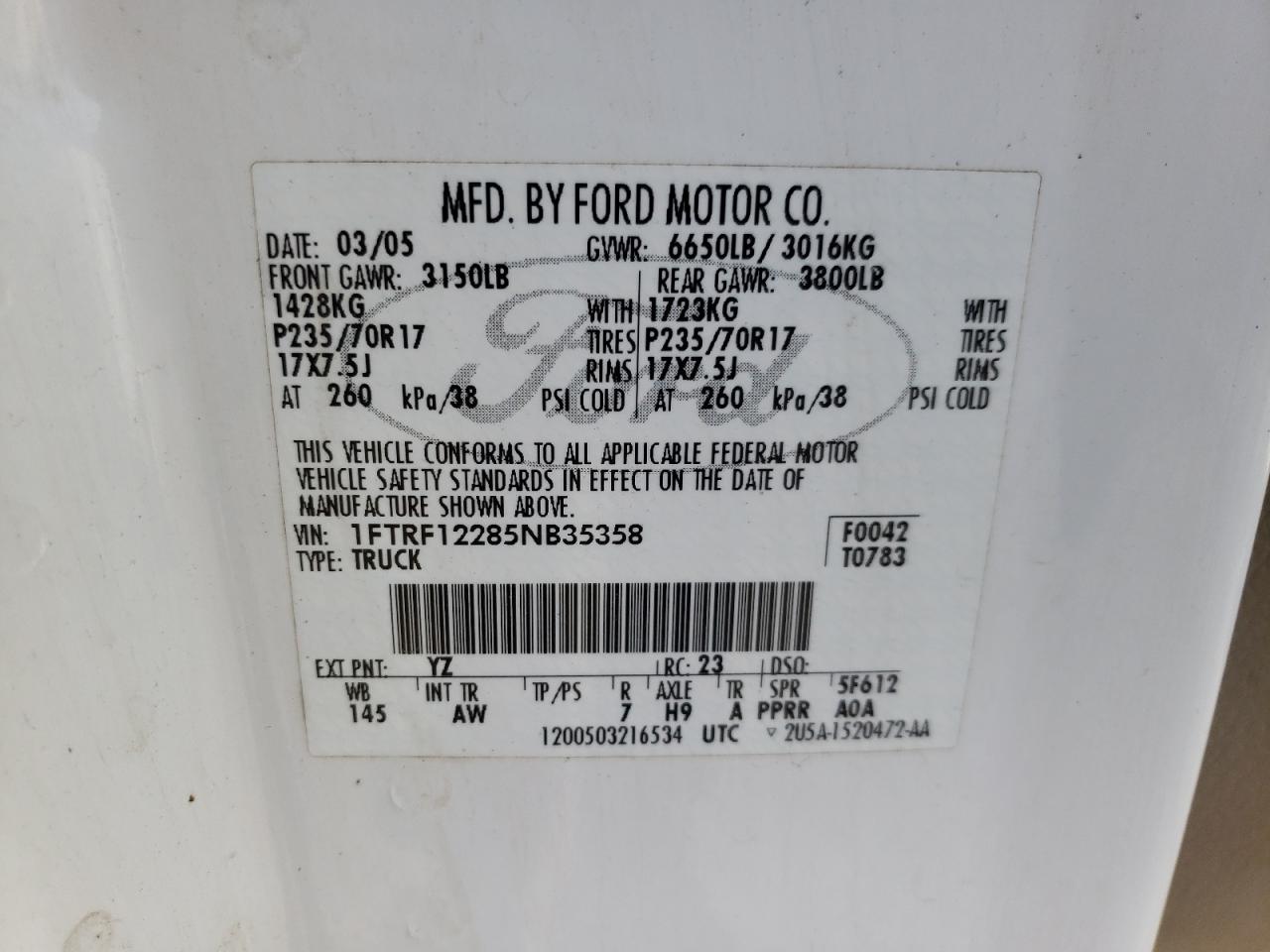 Photo 10 from auction – 2005 FORD F150 with VIN 1FTRF12285NB35358