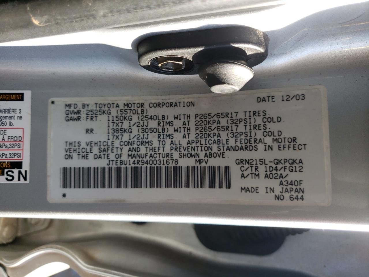 Photo 10 from auction – 2004 TOYOTA 4RUNNER SR with VIN JTEBU14R940031678