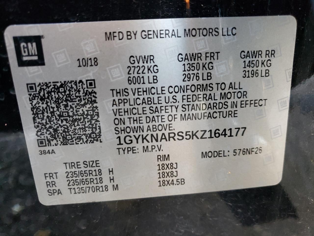 Photo 10 from auction – 2019 CADILLAC XT5 with VIN 1GYKNARS5KZ164177