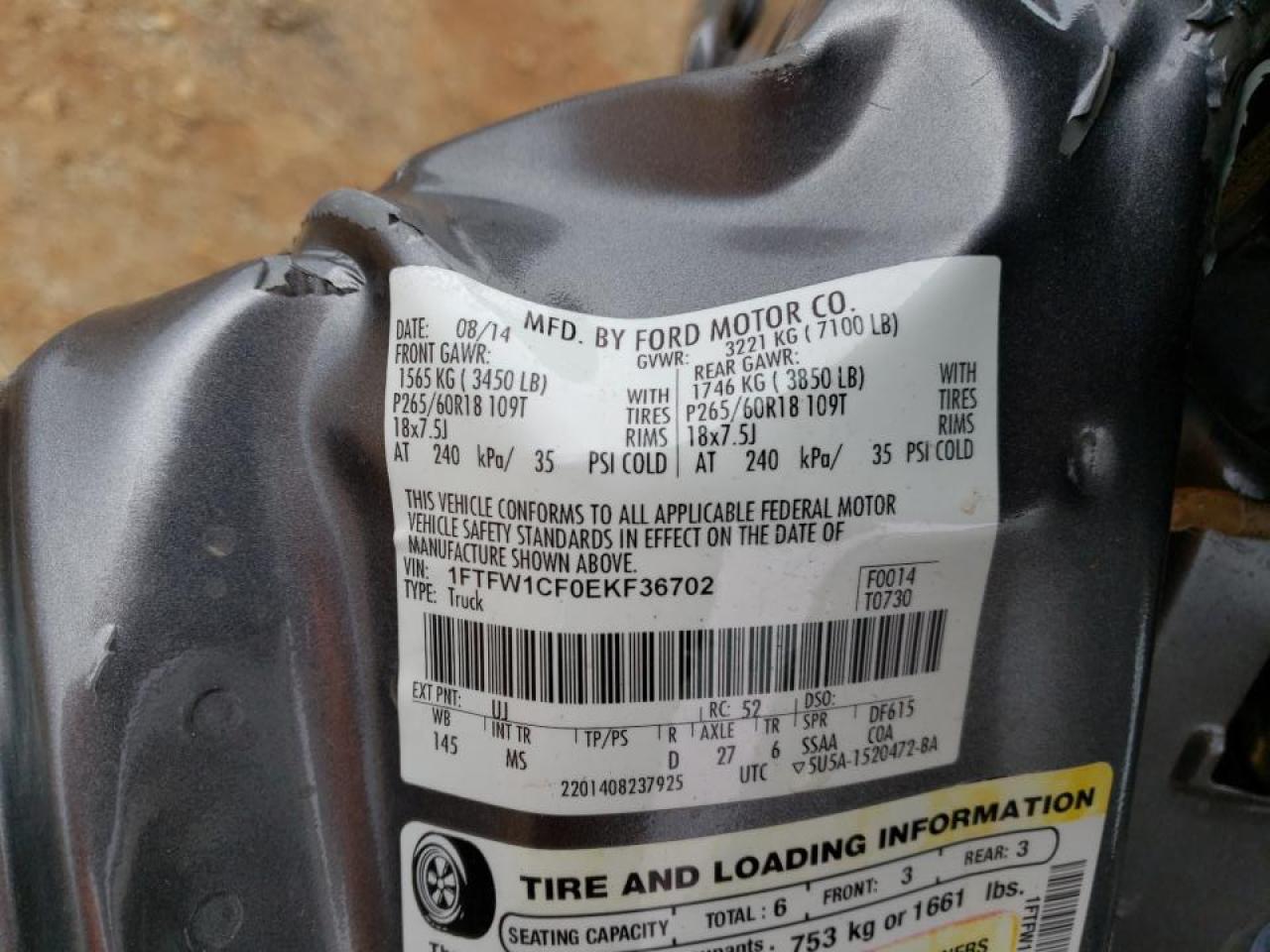 Photo 10 from auction – 2014 FORD F150 SUPER with VIN 1FTFW1CF0EKF36702