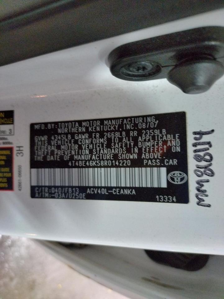 Photo 10 from auction – 2008 TOYOTA CAMRY CE with VIN 4T4BE46K58R014220