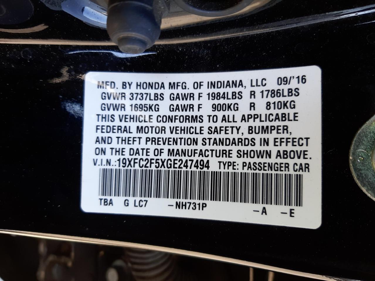 Photo 10 from auction – 2016 HONDA CIVIC LX with VIN 19XFC2F5XGE247494