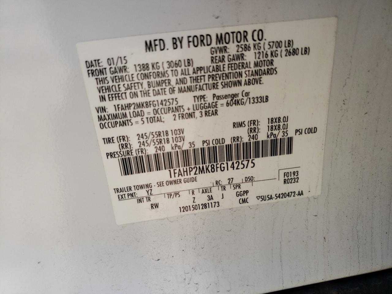 Photo 10 from auction – 2015 FORD TAURUS POL with VIN 1FAHP2MK8FG142575