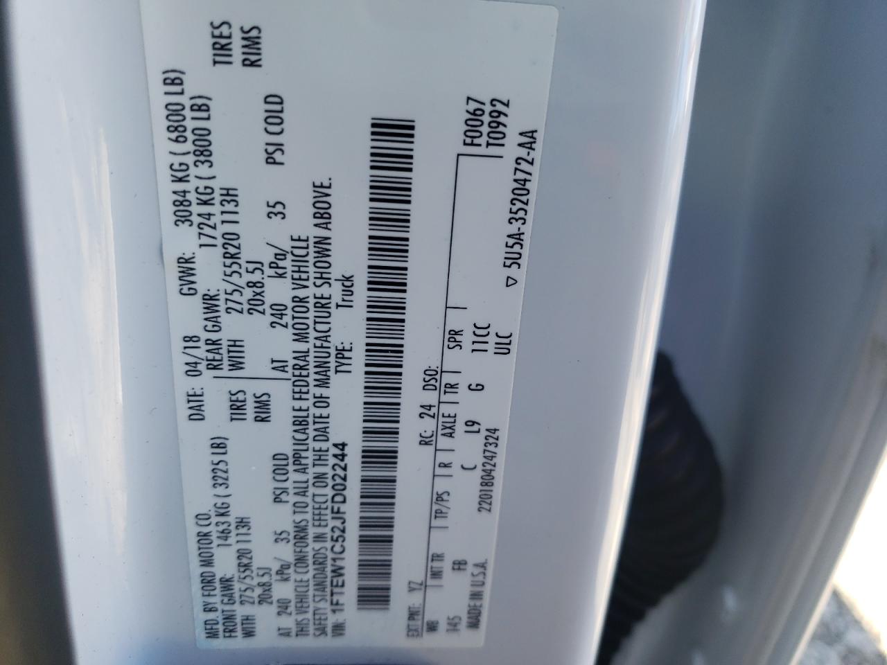 Photo 10 from auction – 2018 FORD F150 SUPER with VIN 1FTEW1C52JFD02244