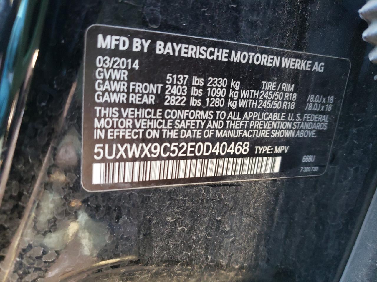 Photo 10 from auction – 2014 BMW X3 XDRIVE2 with VIN 5UXWX9C52E0D40468