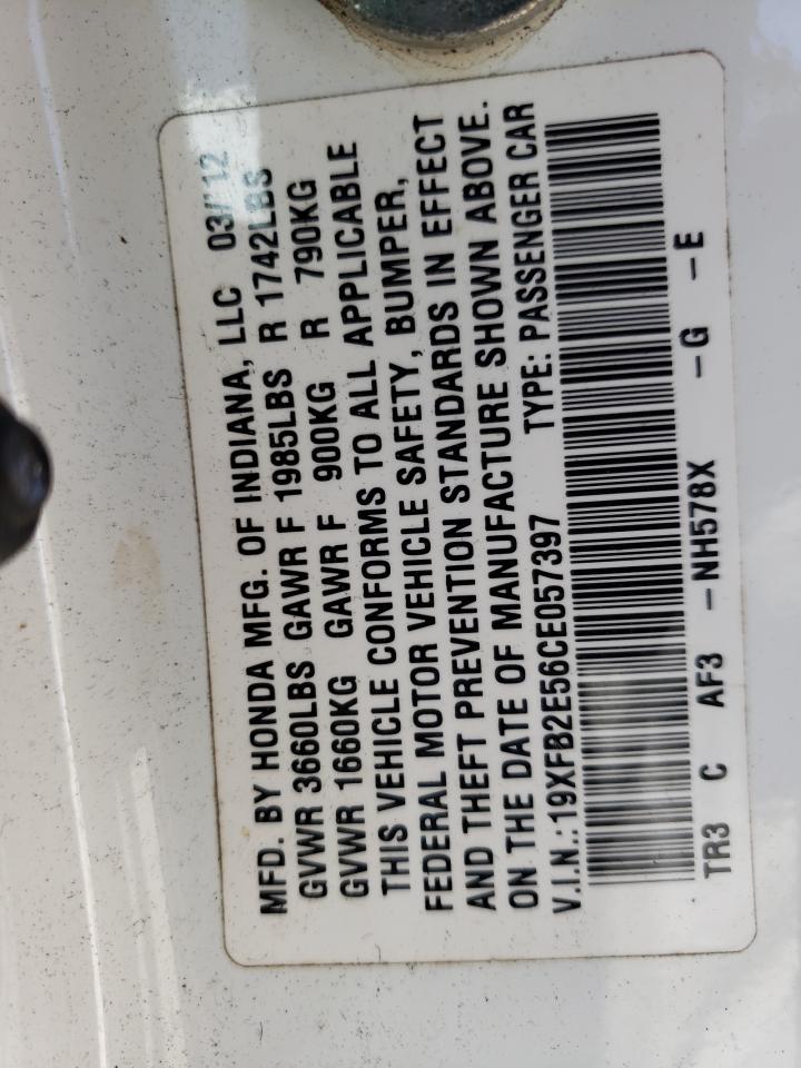 Photo 10 from auction – 2012 HONDA CIVIC LX with VIN 19XFB2E56CE057397