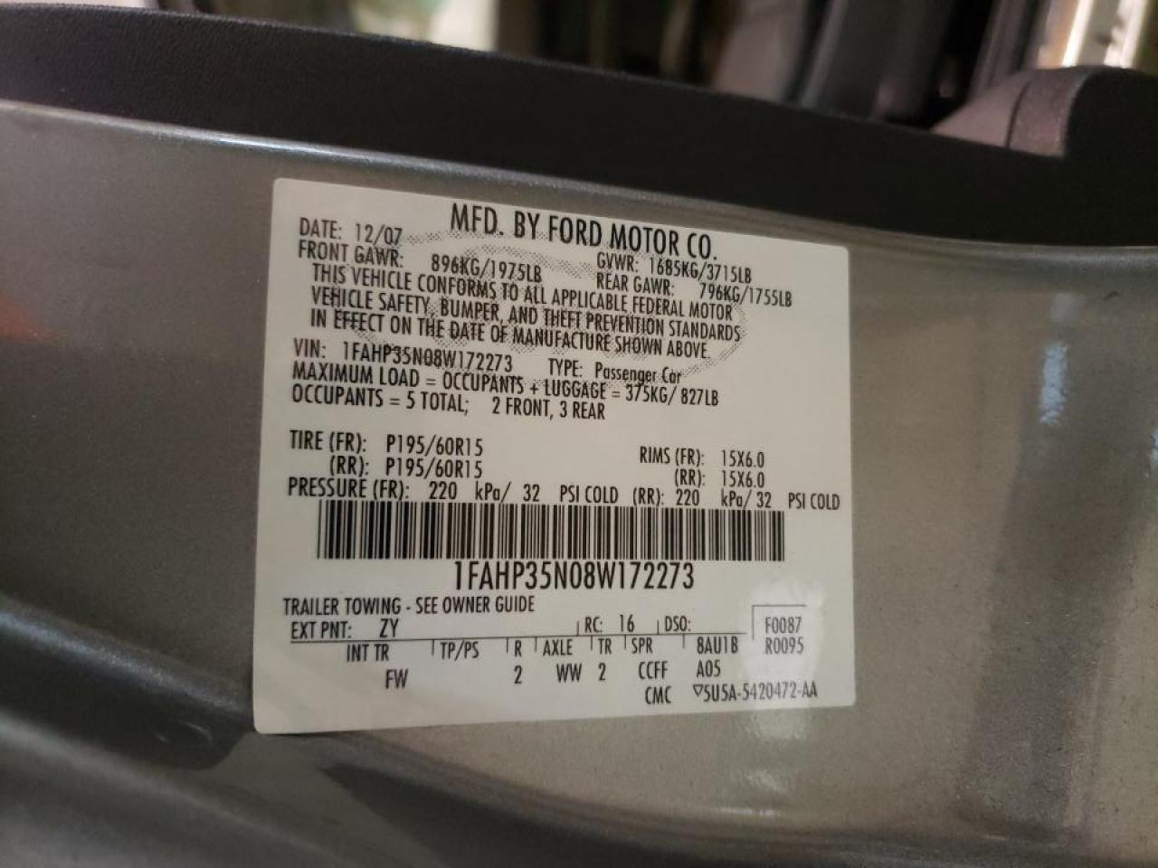 Photo 10 from auction – 2008 FORD FOCUS SE with VIN 1FAHP35N08W172273