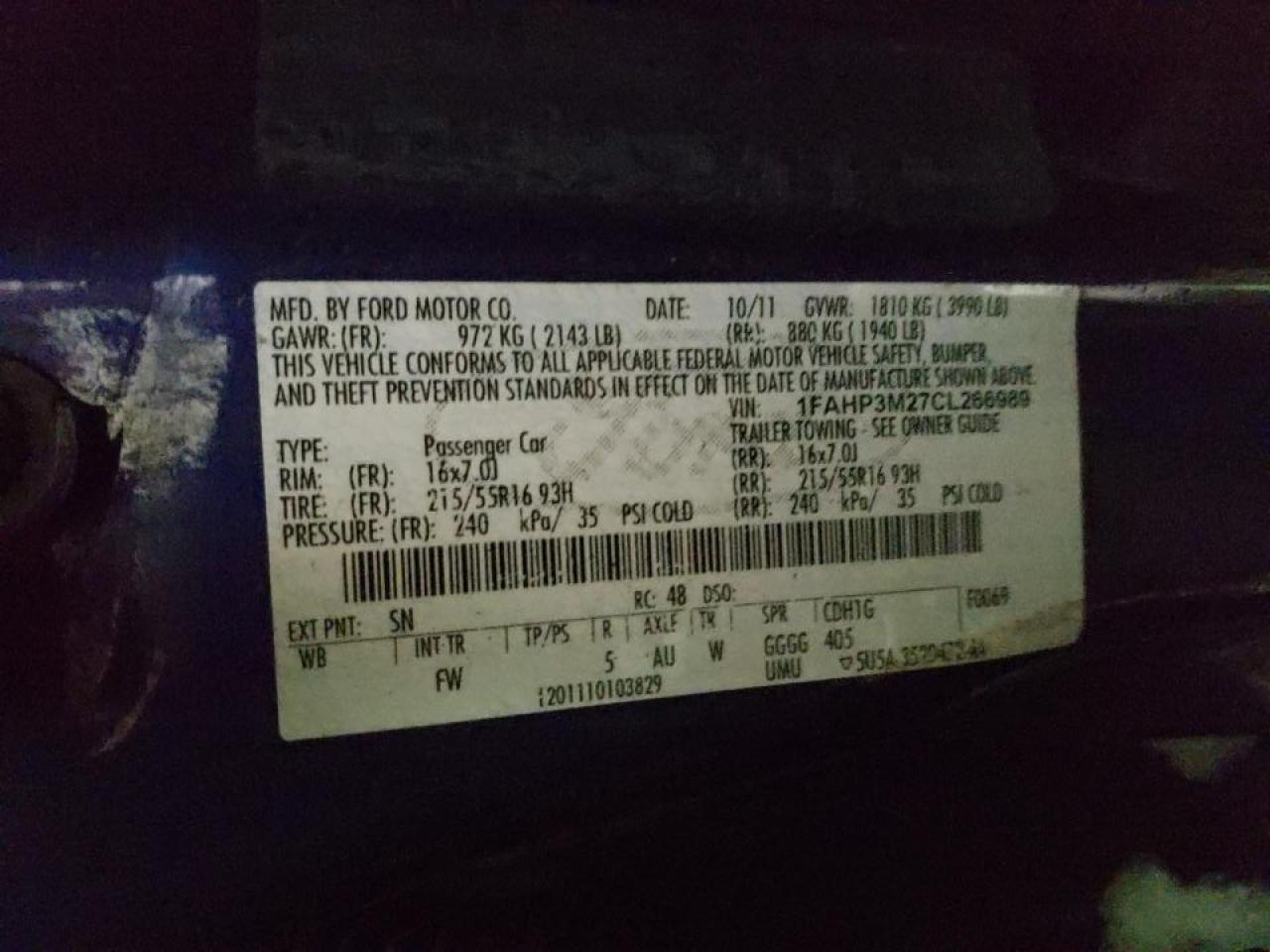 Photo 10 from auction – 2012 FORD FOCUS SEL with VIN 1FAHP3M27CL266989