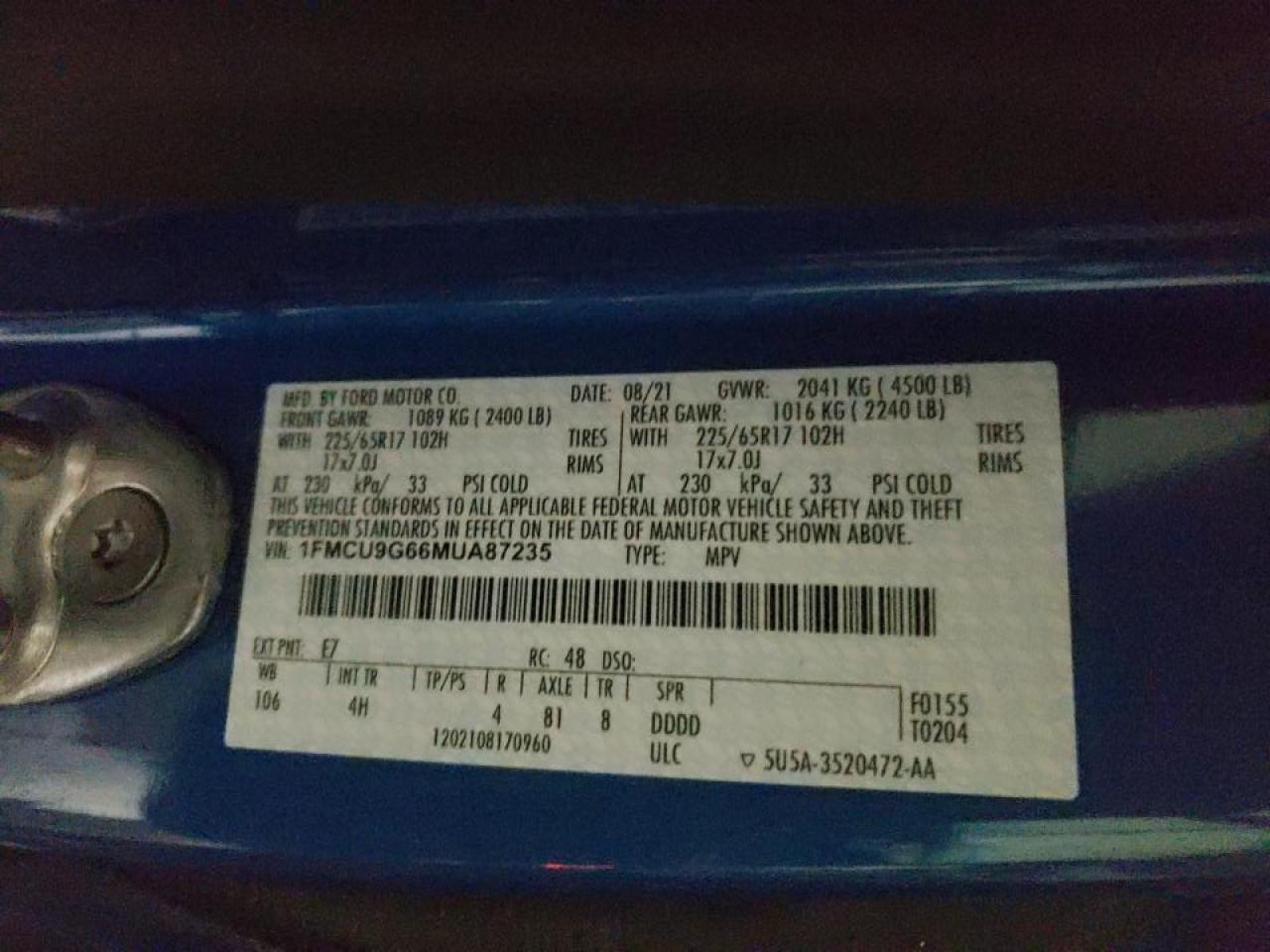 Photo 10 from auction – 2021 FORD ESCAPE SE with VIN 1FMCU9G66MUA87235