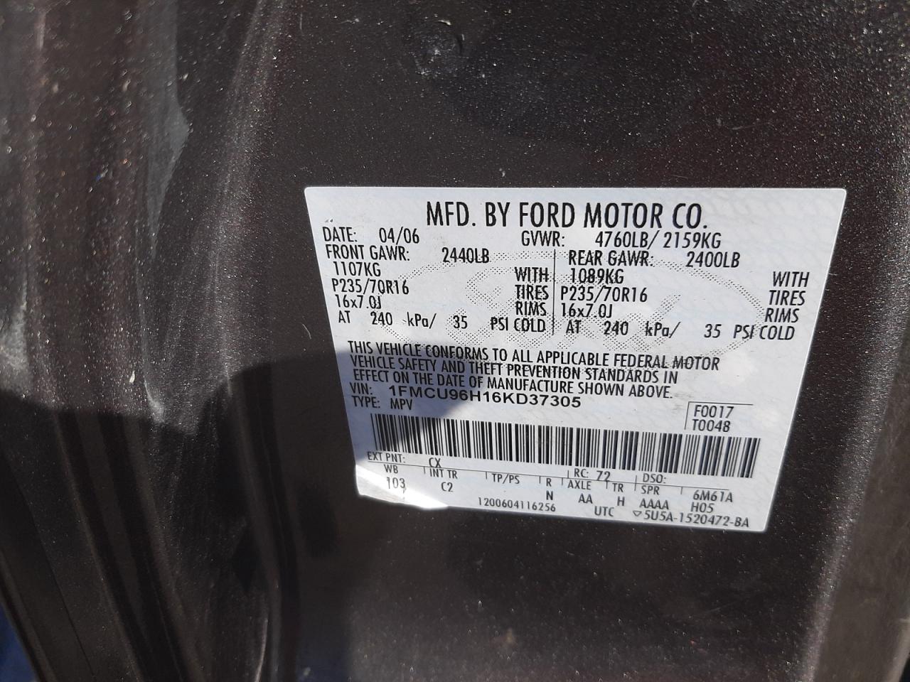 Photo 10 from auction – 2006 FORD ESCAPE HEV with VIN 1FMCU96H16KD37305