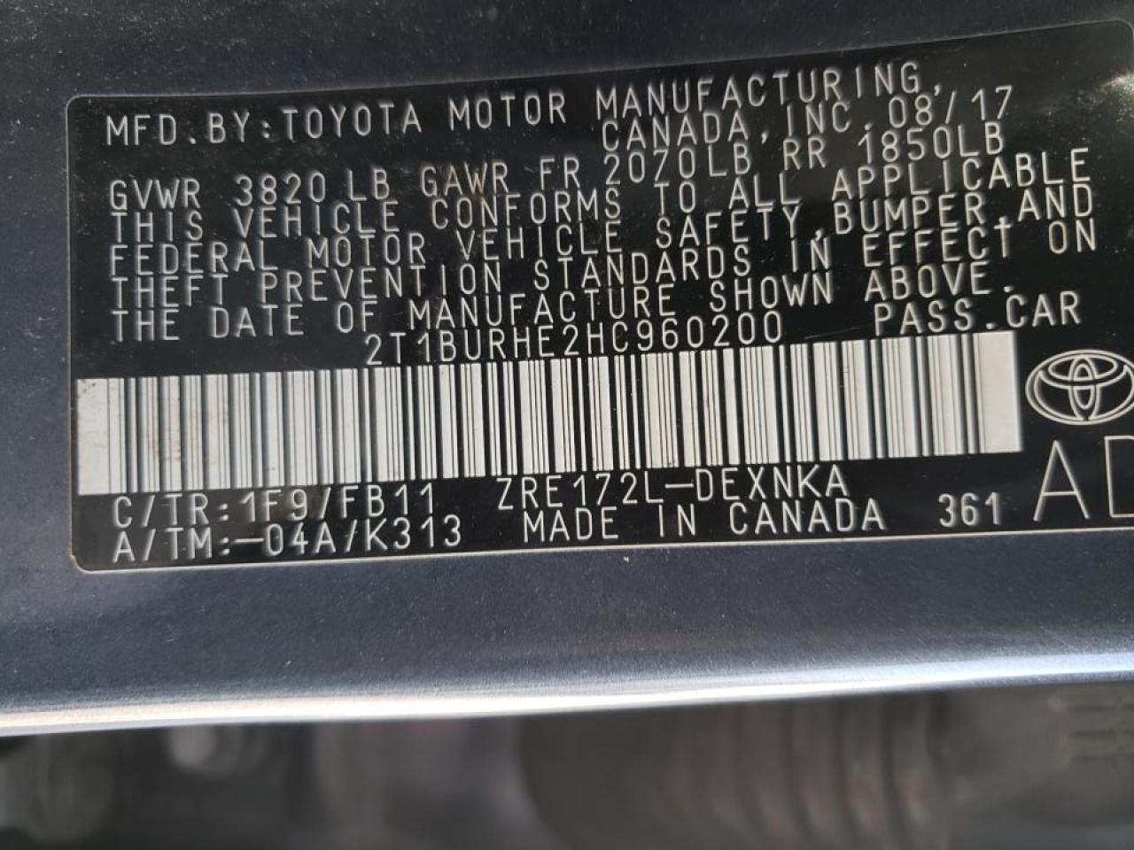 Photo 10 from auction – 2017 TOYOTA COROLLA L with VIN 2T1BURHE2HC960200