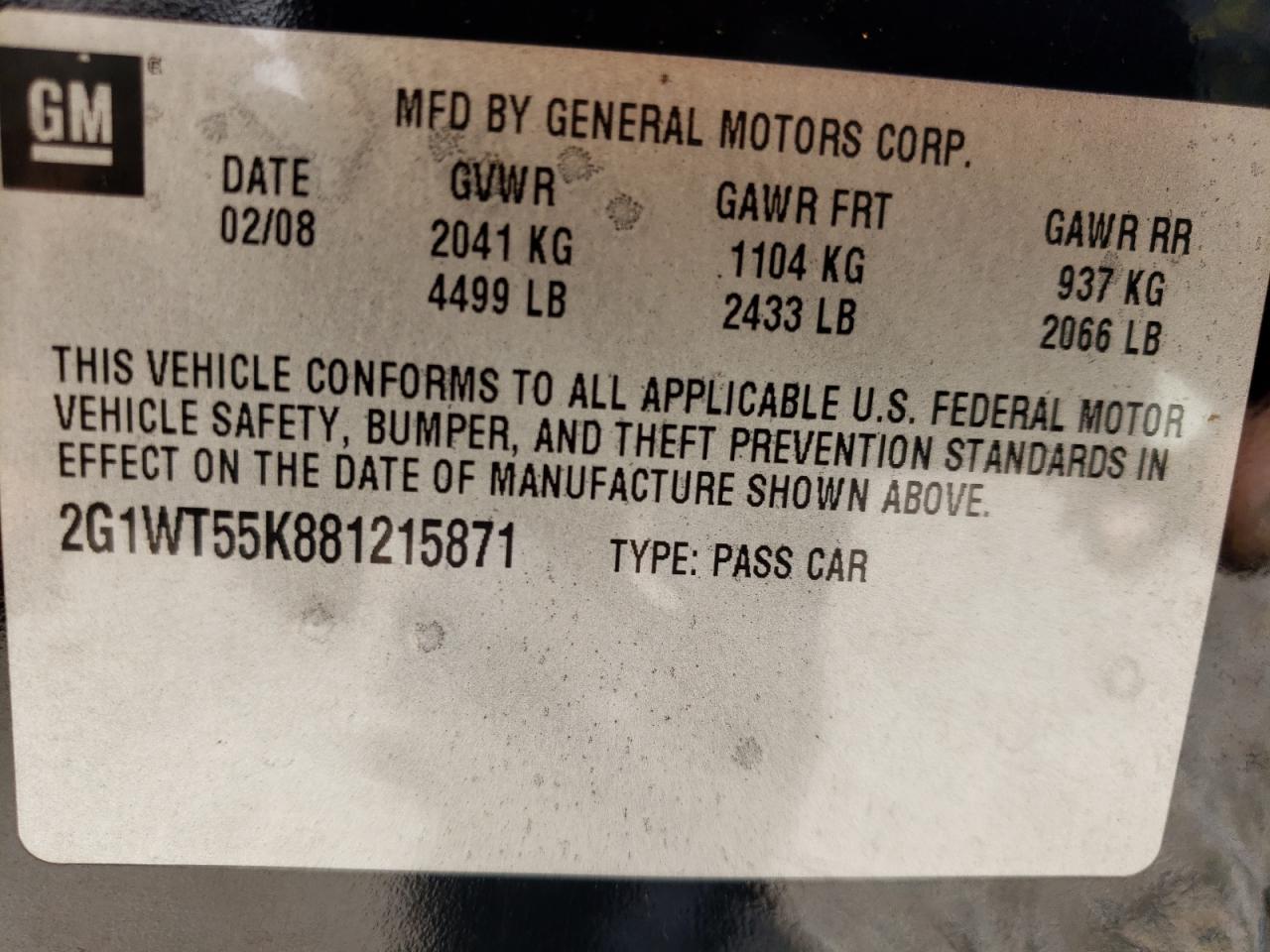 Photo 10 from auction – 2008 CHEVROLET IMPALA LT with VIN 2G1WT55K881215871