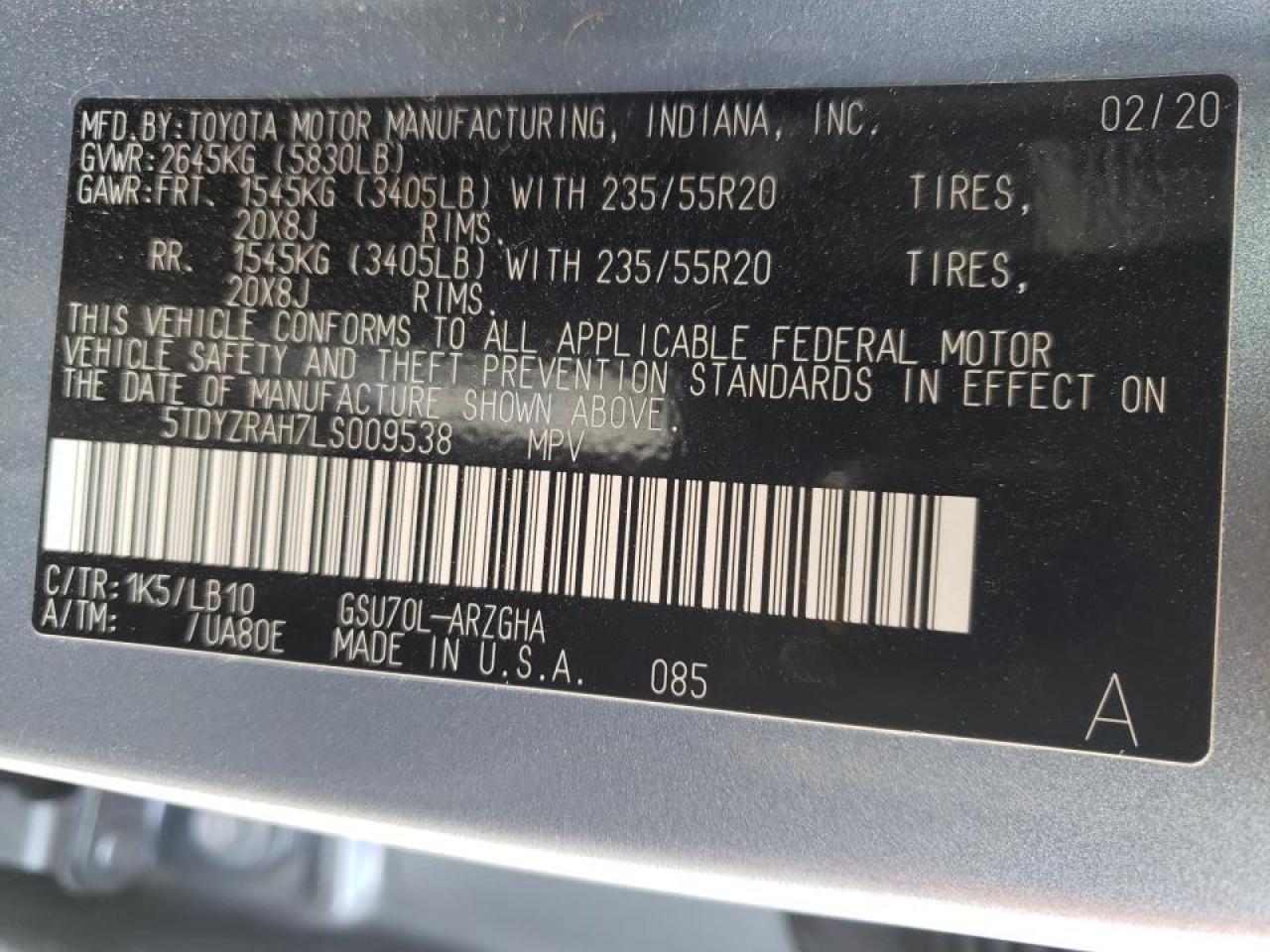 Photo 10 from auction – 2020 TOYOTA HIGHLANDER with VIN 5TDYZRAH7LS009538