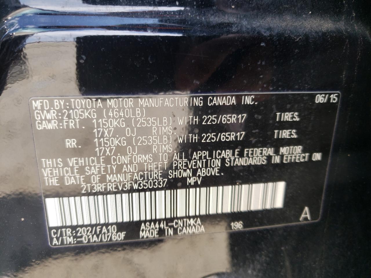 Photo 10 from auction – 2015 TOYOTA RAV4 XLE with VIN 2T3RFREV3FW350337