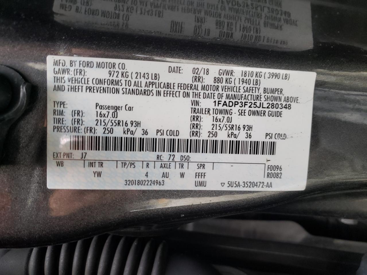 Photo 10 from auction – 2018 FORD FOCUS SE with VIN 1FADP3F25JL280348