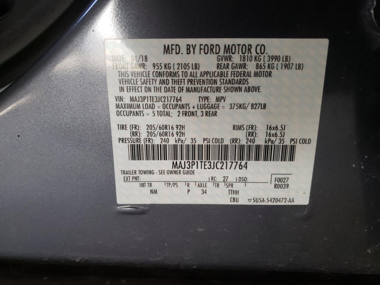 Photo 10 from auction – 2018 FORD ECOSPORT S with VIN MAJ3P1TE3JC217764