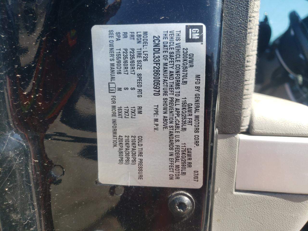 Photo 10 from auction – 2008 CHEVROLET EQUINOX LT with VIN 2CNDL33F286005970