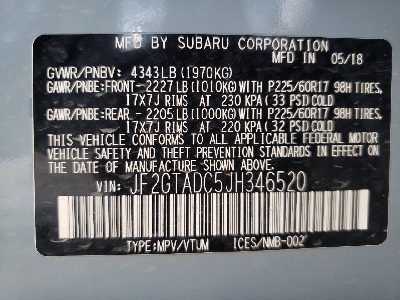 Photo 10 from auction – 2018 SUBARU CROSSTREK with VIN JF2GTADC5JH346520