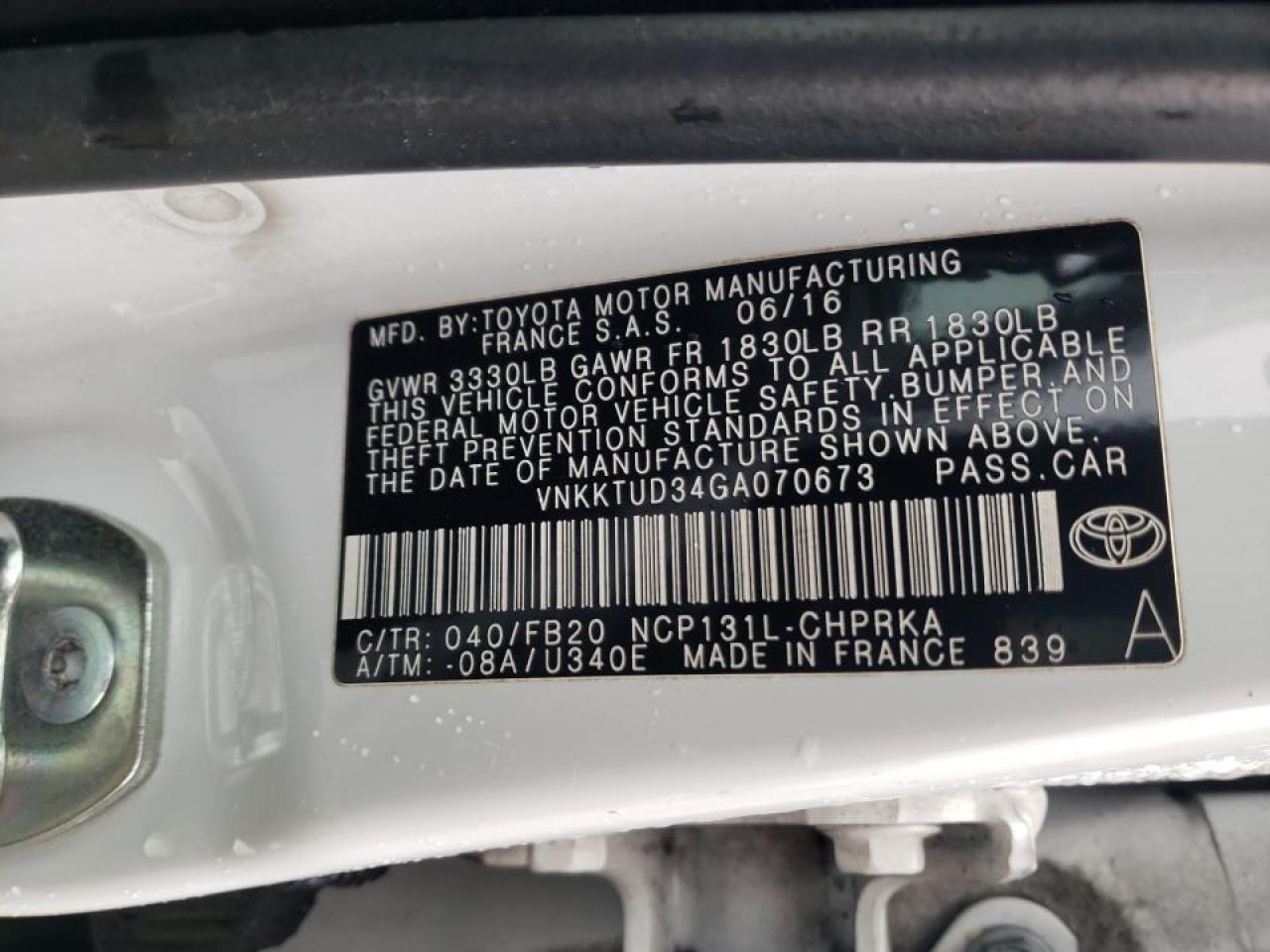 Photo 15 from auction – 2016 TOYOTA YARIS L with VIN VNKKTUD34GA070673