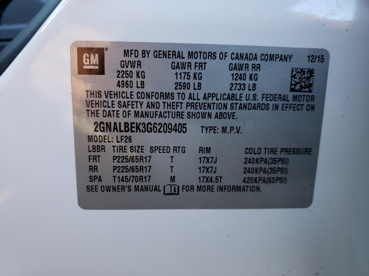 Photo 10 from auction – 2016 CHEVROLET EQUINOX LS with VIN 2GNALBEK3G6209405