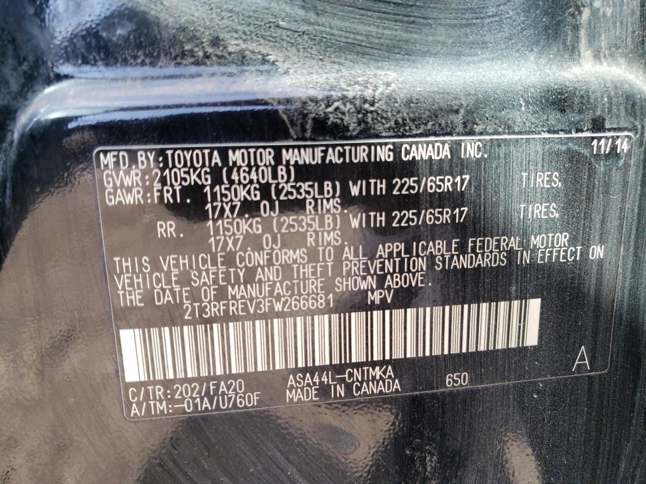 Photo 10 from auction – 2015 TOYOTA RAV4 XLE with VIN 2T3RFREV3FW266681