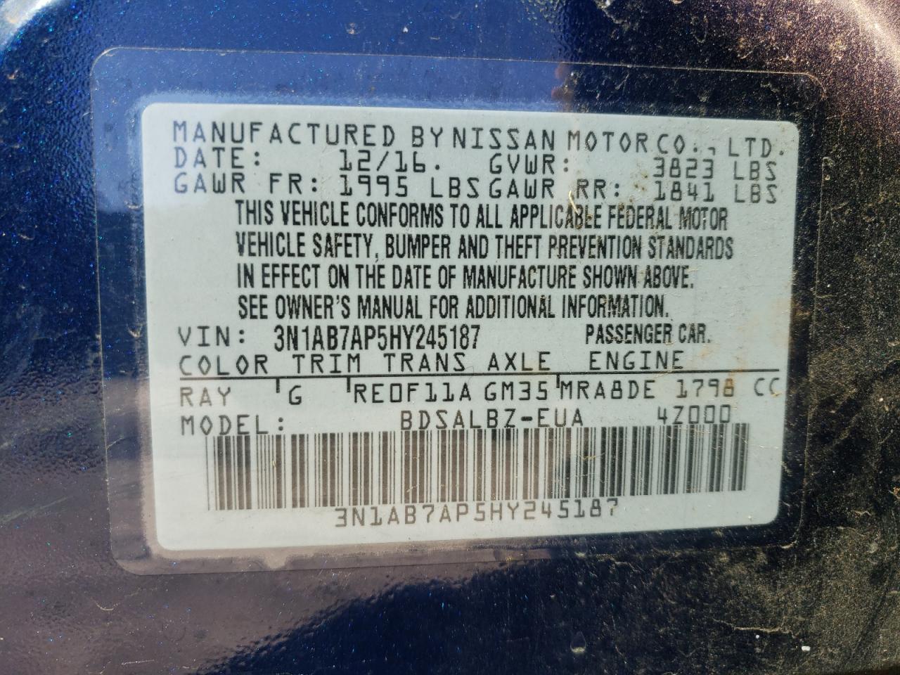 Photo 10 from auction – 2017 NISSAN SENTRA with VIN 3N1AB7AP5HY245187
