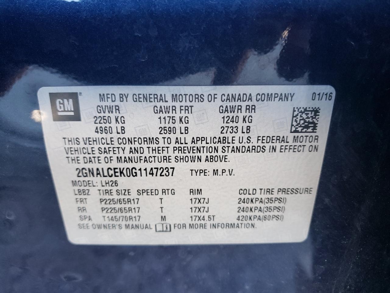 Photo 10 from auction – 2016 CHEVROLET EQUINOX LT with VIN 2GNALCEK0G1147237