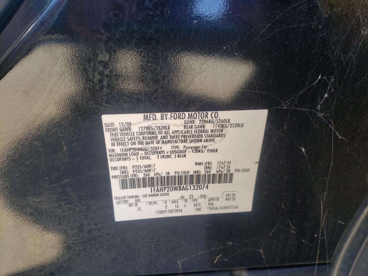 Photo 10 from auction – 2010 FORD TAURUS SE with VIN 1FAHP2DW8AG132074