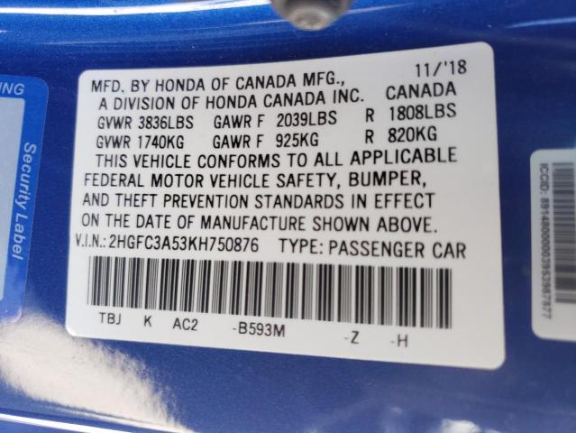 Photo 10 from auction – 2019 HONDA CIVIC SI with VIN 2HGFC3A53KH750876