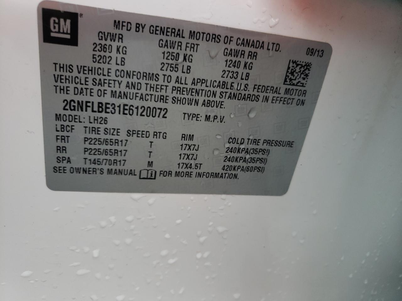 Photo 10 from auction – 2014 CHEVROLET EQUINOX LT with VIN 2GNFLBE31E6120072