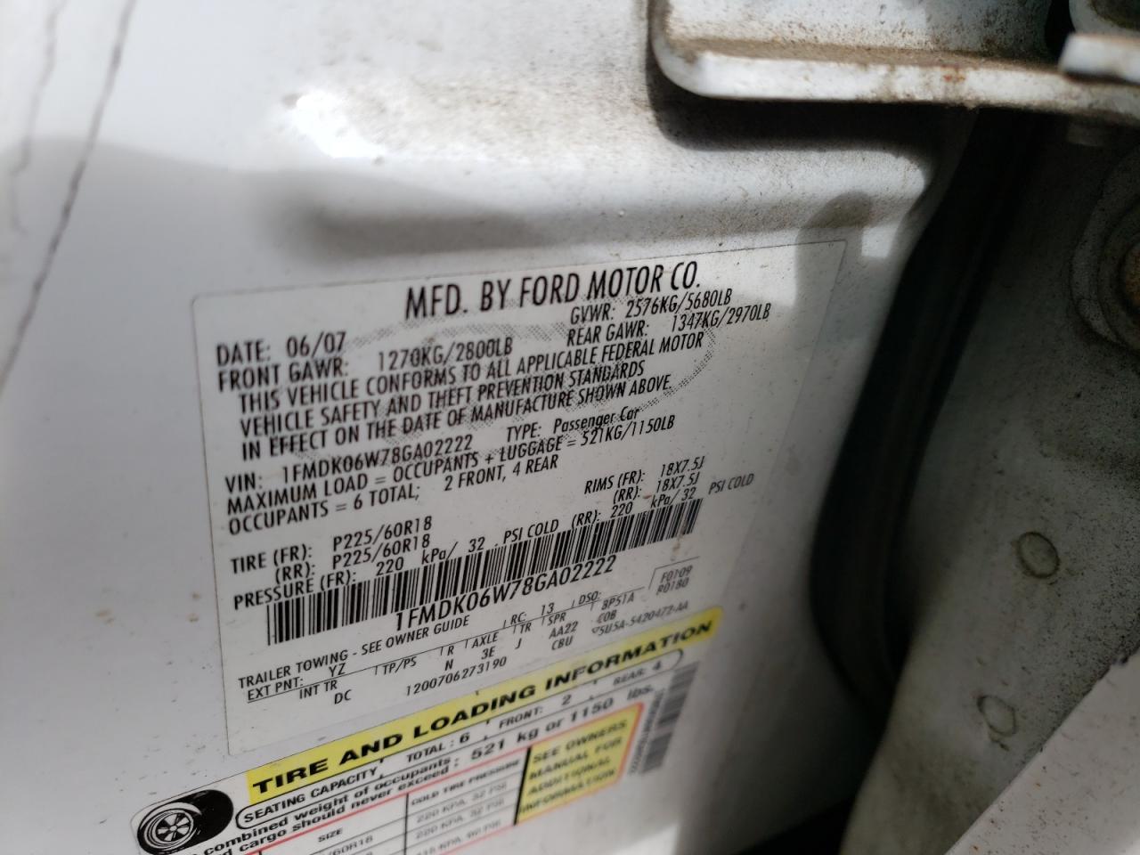 Photo 10 from auction – 2008 FORD TAURUS X L with VIN 1FMDK06W78GA02222