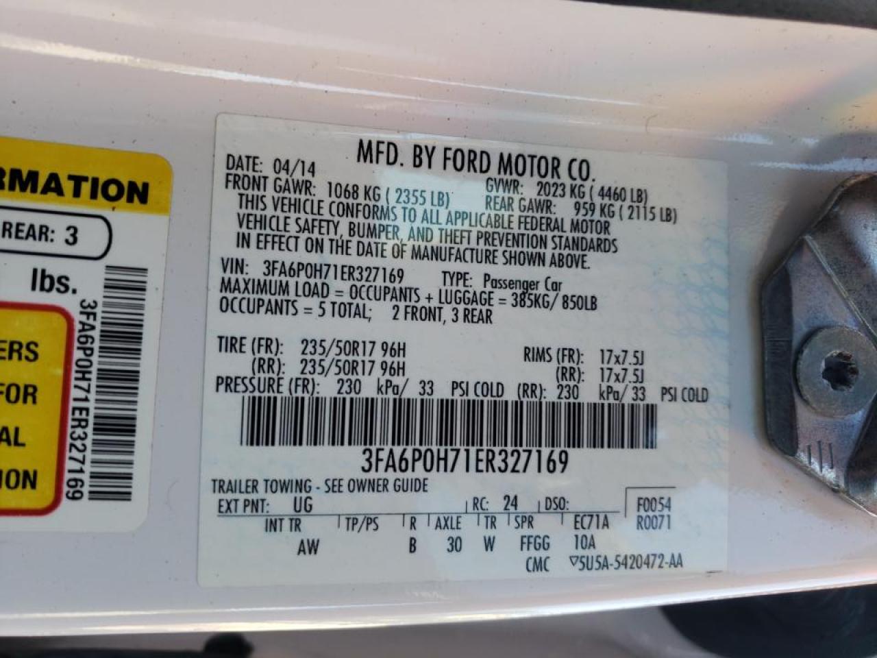Photo 10 from auction – 2014 FORD FUSION SE with VIN 3FA6P0H71ER327169