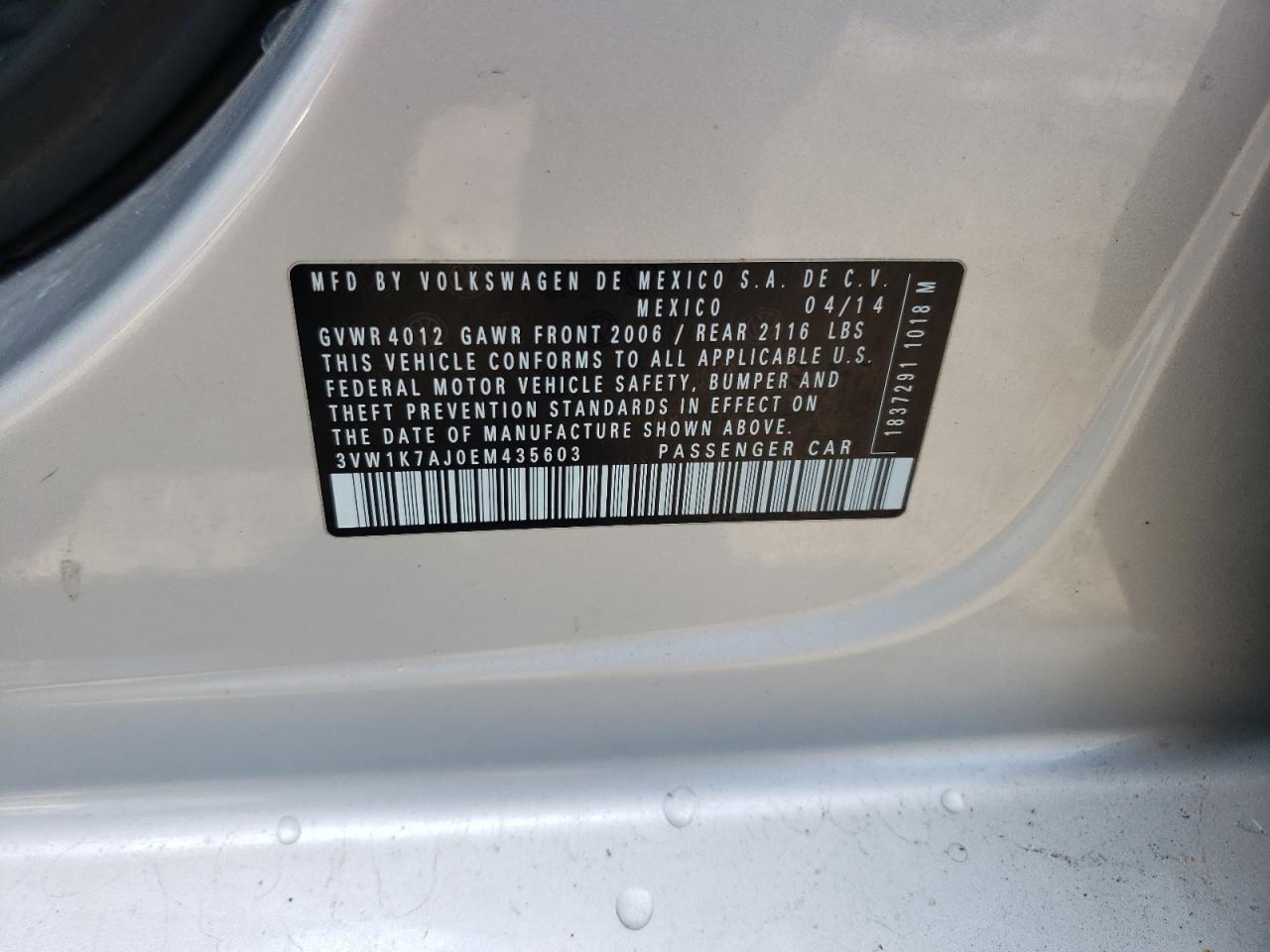 Photo 10 from auction – 2014 VOLKSWAGEN JETTA BASE with VIN 3VW1K7AJ0EM435603