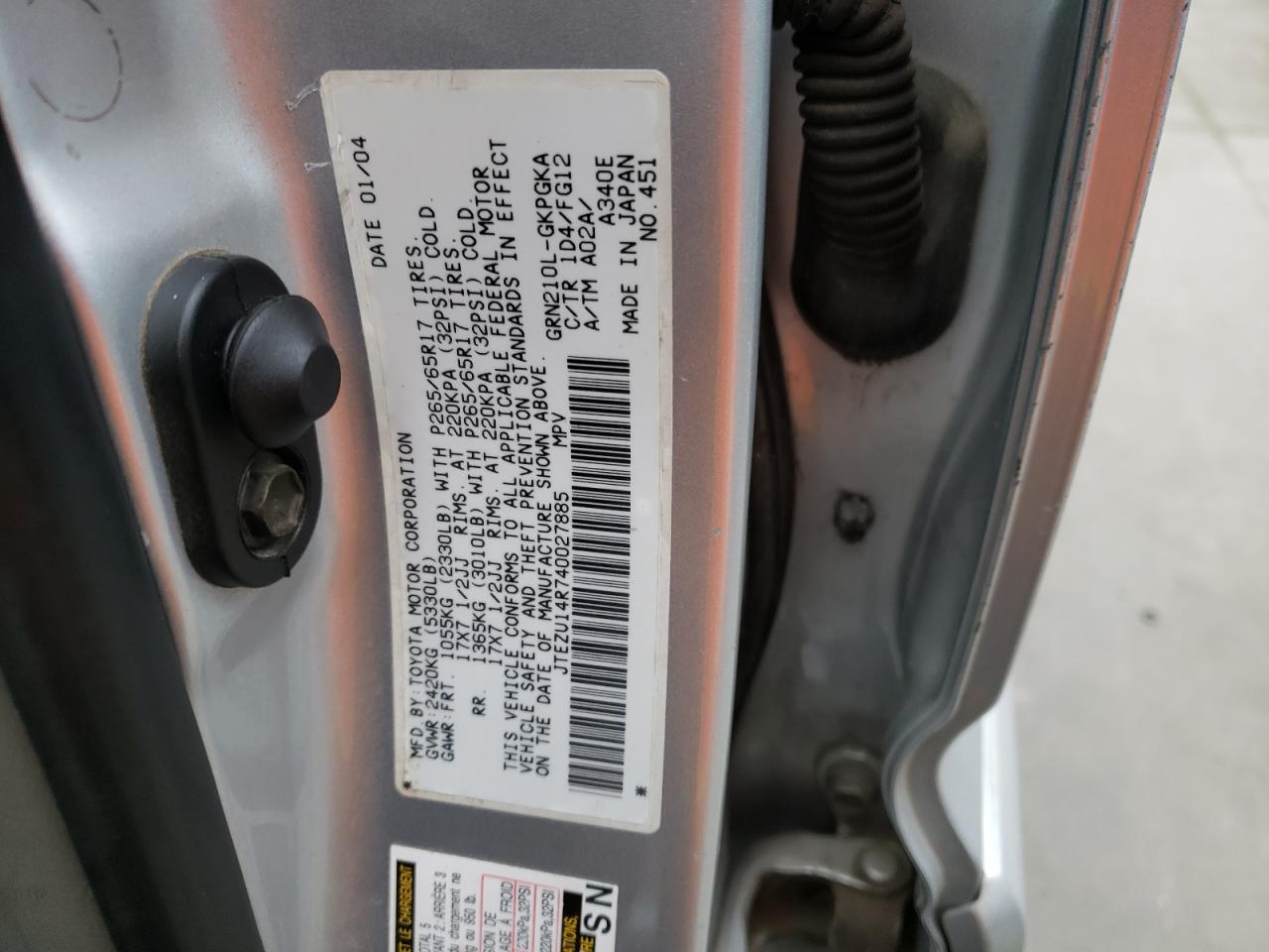 Photo 10 from auction – 2004 TOYOTA 4RUNNER SR with VIN JTEZU14R740027885