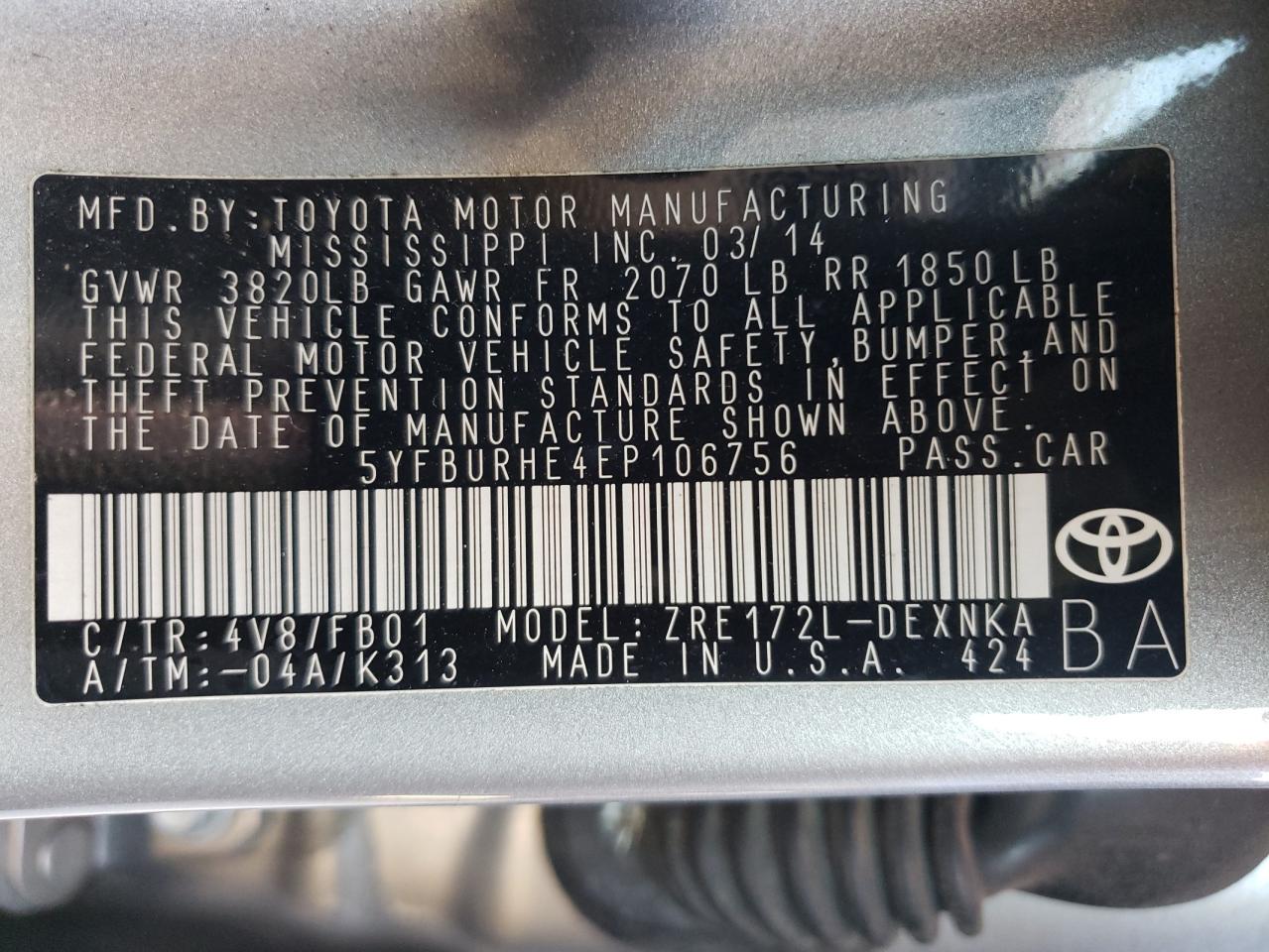 Photo 10 from auction – 2014 TOYOTA COROLLA L with VIN 5YFBURHE4EP106756