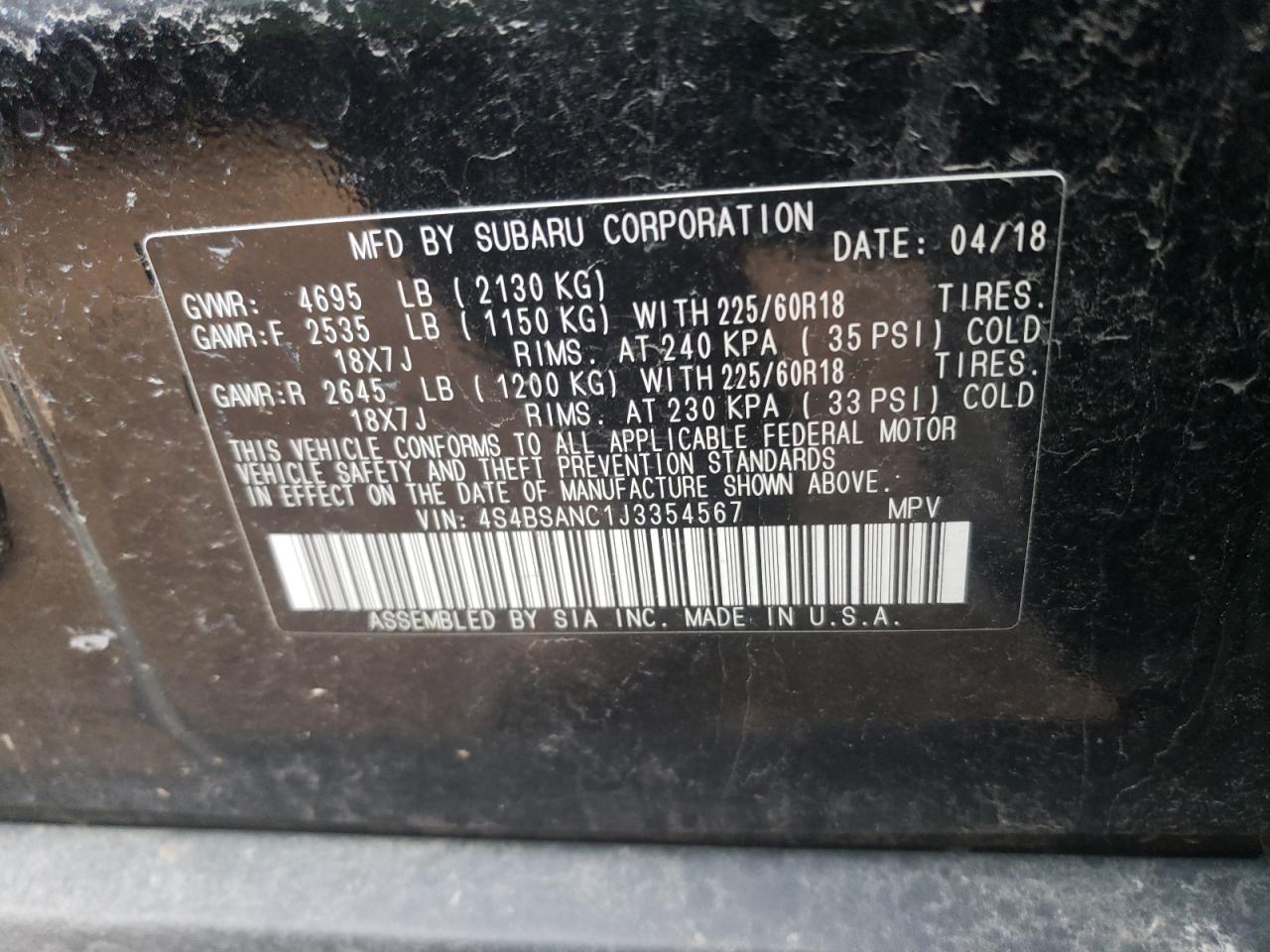 Photo 10 from auction – 2018 SUBARU OUTBACK 2. with VIN 4S4BSANC1J3354567