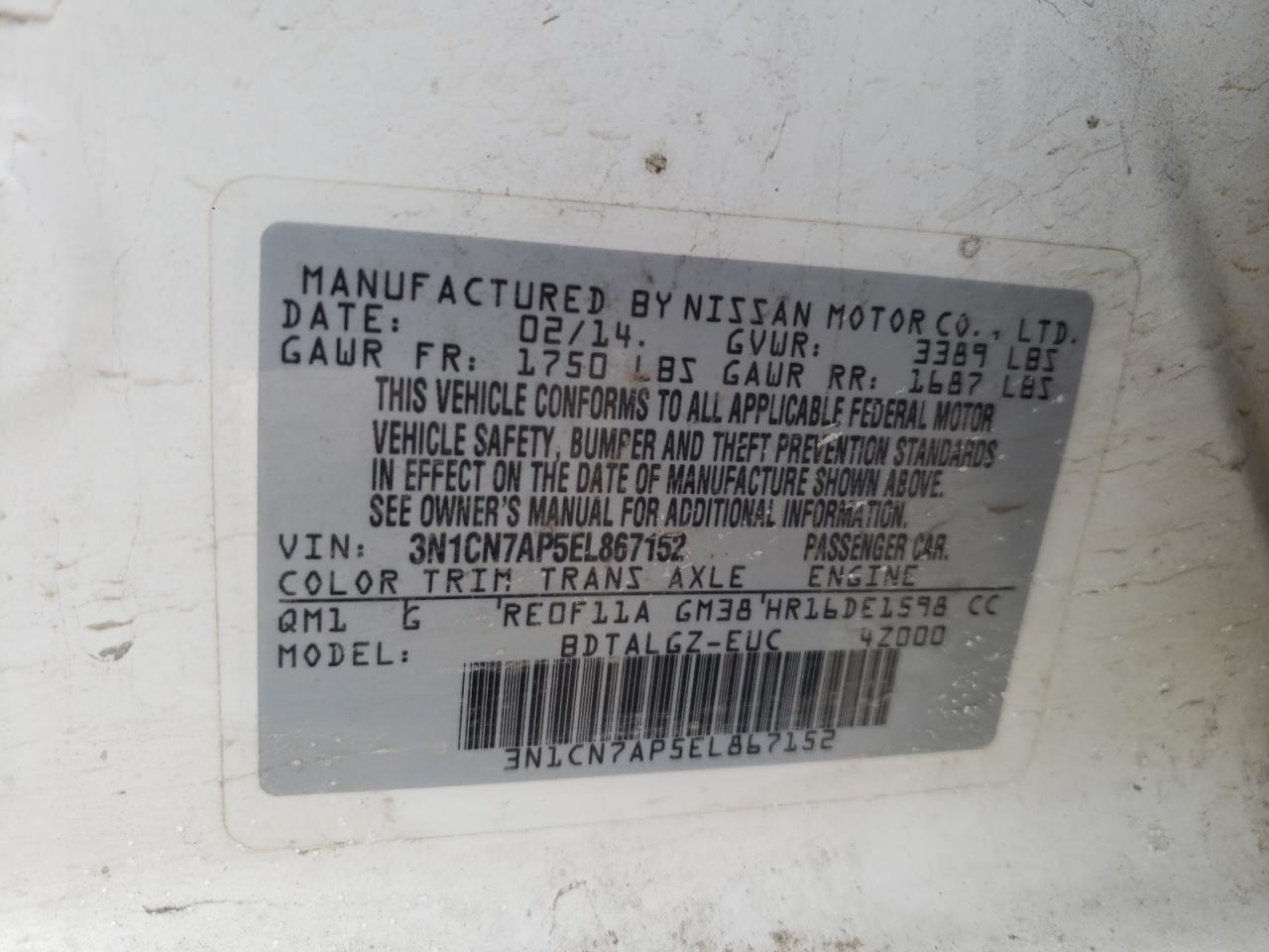 Photo 10 from auction – 2014 NISSAN VERSA S with VIN 3N1CN7AP5EL867152