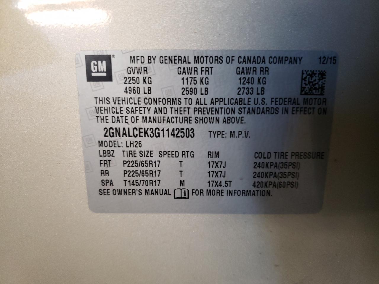 Photo 10 from auction – 2016 CHEVROLET EQUINOX LT with VIN 2GNALCEK3G1142503