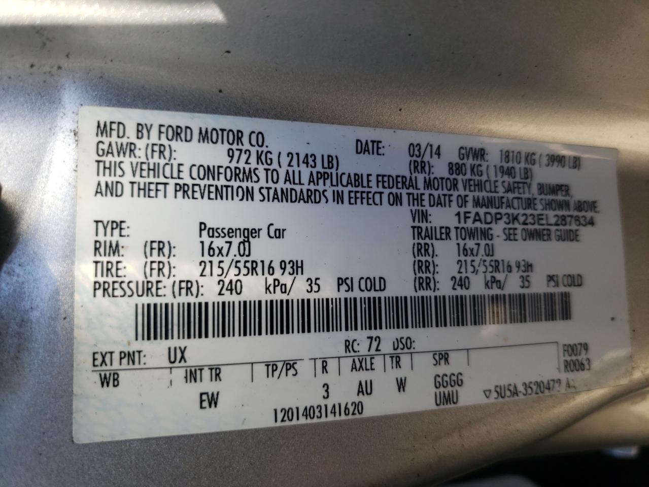 Photo 10 from auction – 2014 FORD FOCUS SE with VIN 1FADP3K23EL287634