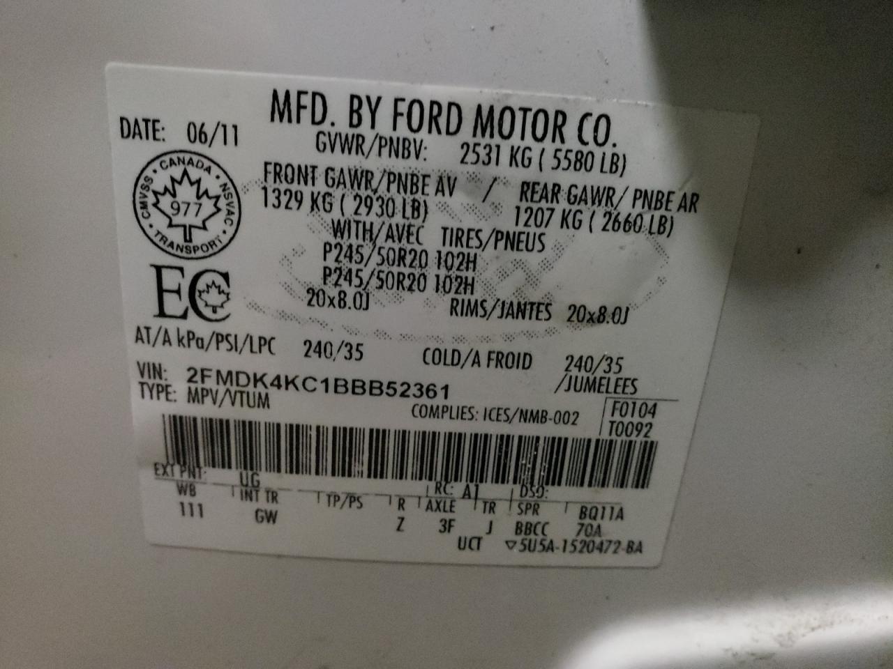 Photo 10 from auction – 2011 FORD EDGE LIMIT with VIN 2FMDK4KC1BBB52361